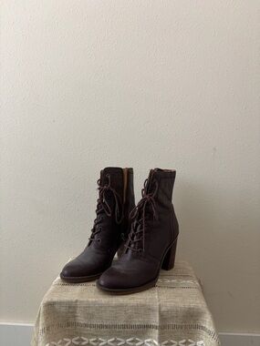 Franco Sarto Brown Lace-Up Block Heel Ankle Boots